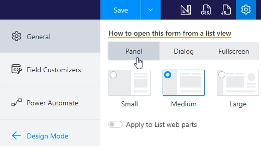 Form Panel configuration menu