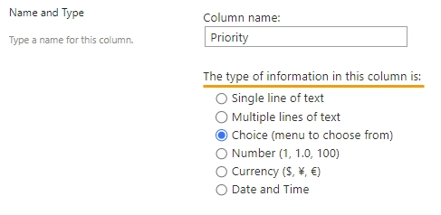 Column settings page - type