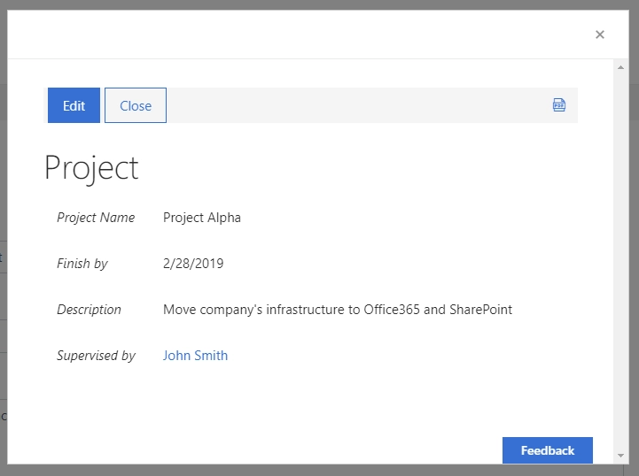 Dialog form for a lookup item