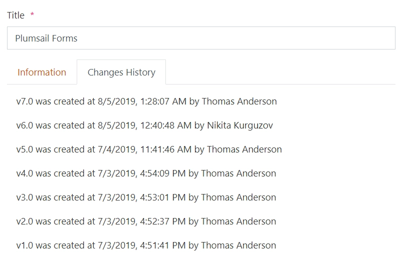 Version history on SharePoint Form