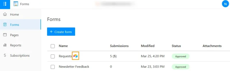 Airtable icon for the connected form in forms overview