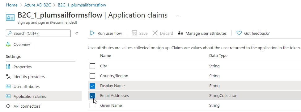 Select Display Name and Email Addresses in flow's application claims