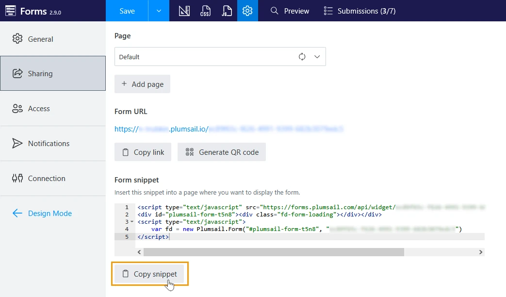 Copy Form Widget snippet in Sharing Settings