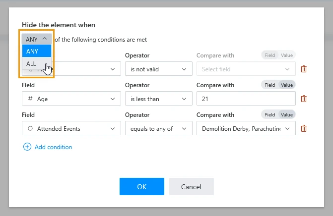 ANY or ALL options in hide conditions dialog