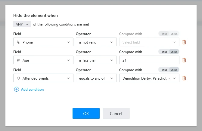 Dialog to manage hide conditions