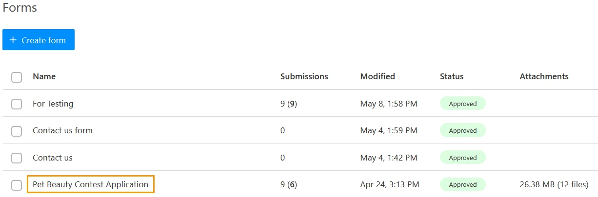 Form name used in forms overview