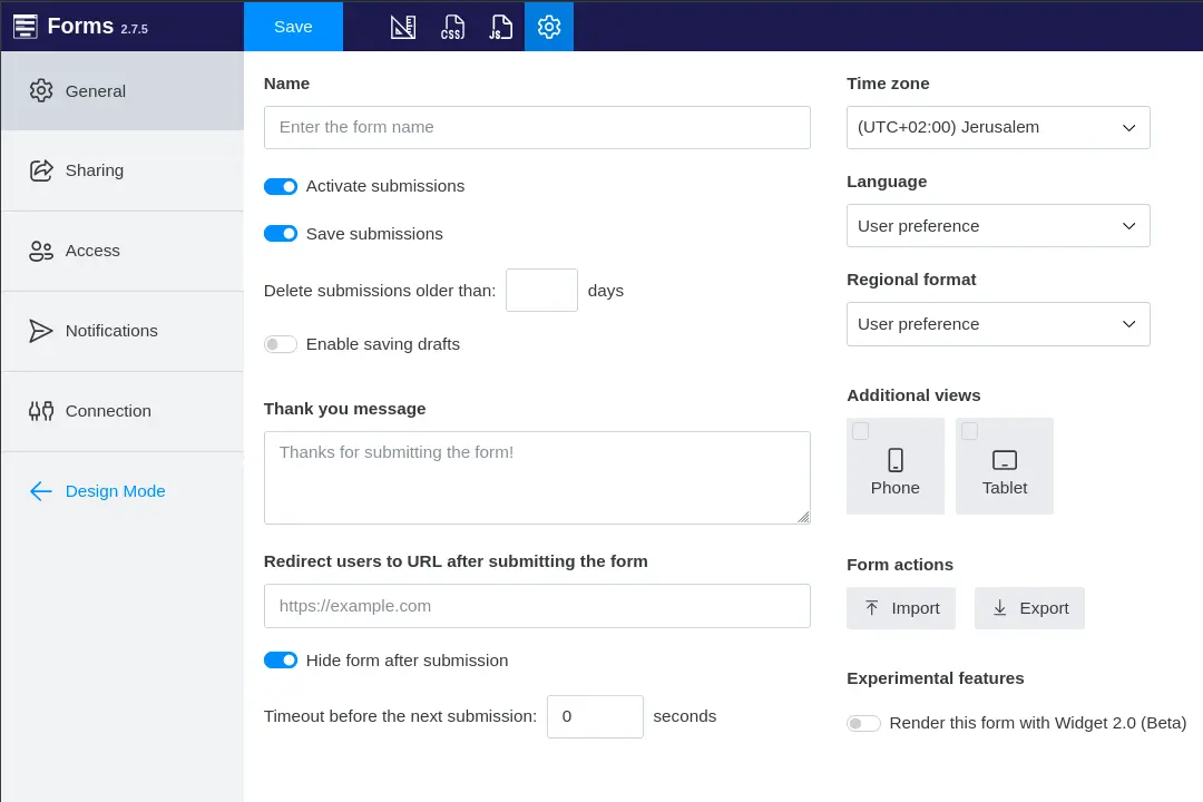 General settings menu