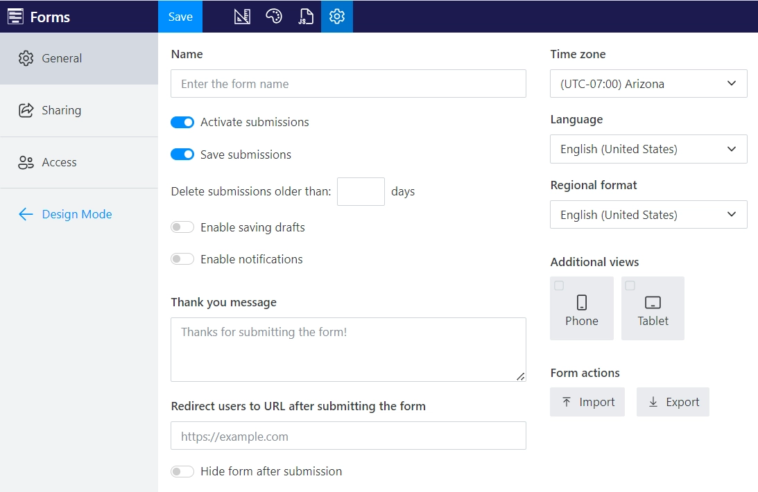 General settings menu
