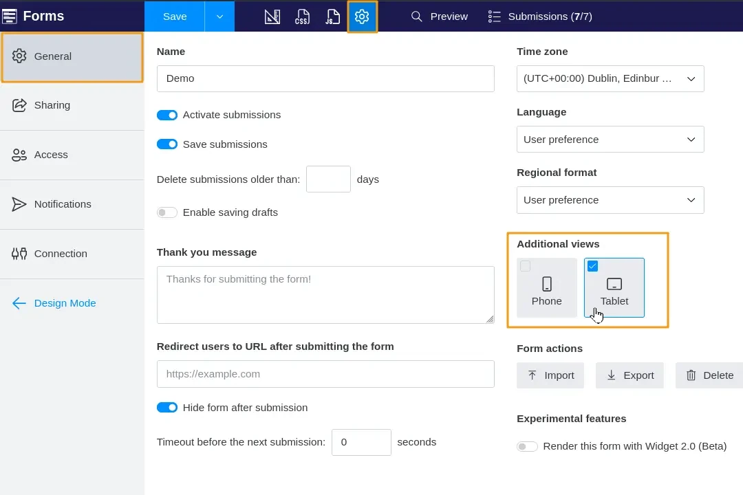 Manage form views in settings