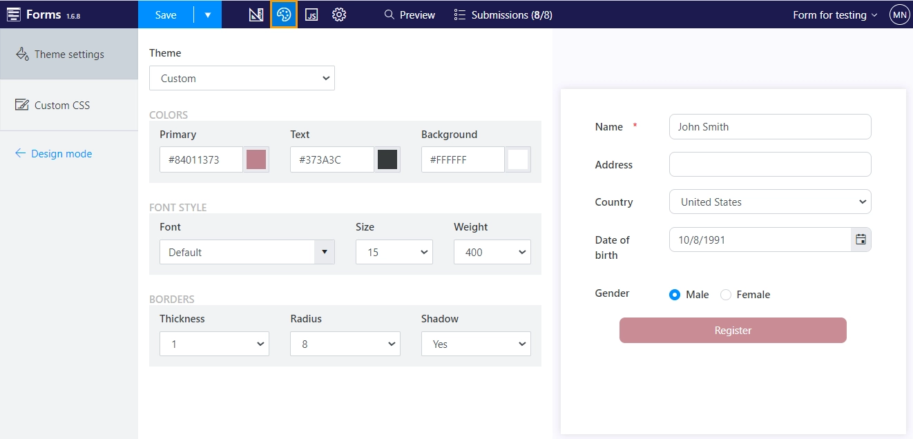 Theme settings button
