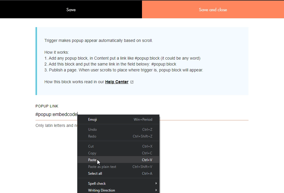 Paste snippet into embed content