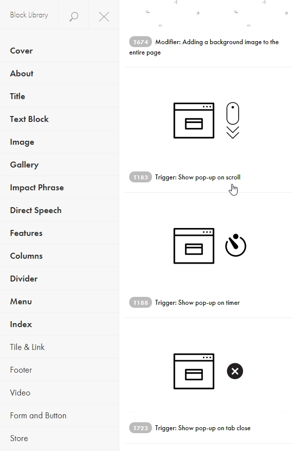 Select a trigger for the pop-up