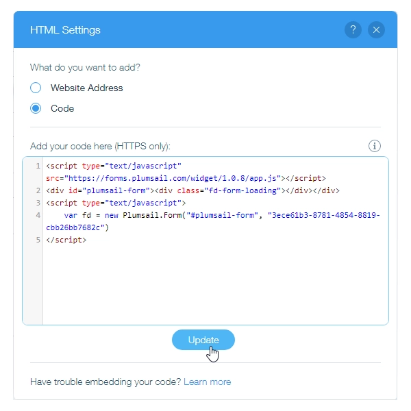 Paste snippet into embed