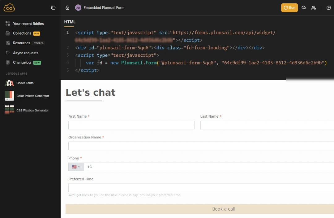 Forms snippet used to display the form in JSFiddle