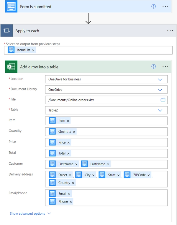 Add a row into a table action - filled in