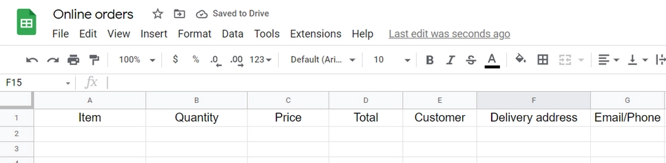 Orders Google spreadsheet