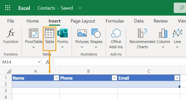 Insert table into Excel file