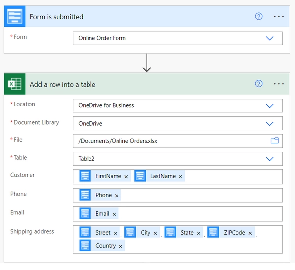 Map form submission output with excel table headers