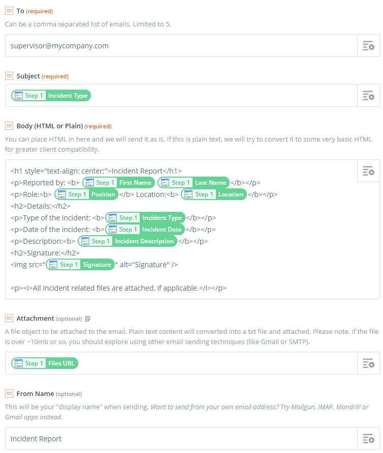 Fill Out Email action