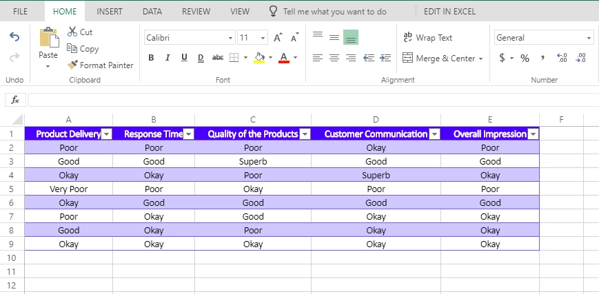 Excel Table with data
