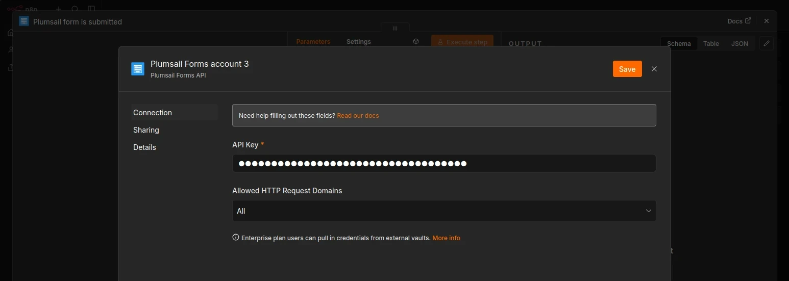 Dialog for setting up Plumsail credentials with the API Key field filled out