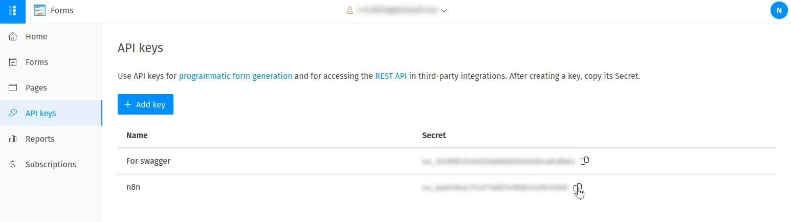 Api keys page in the Plumsail Forms account