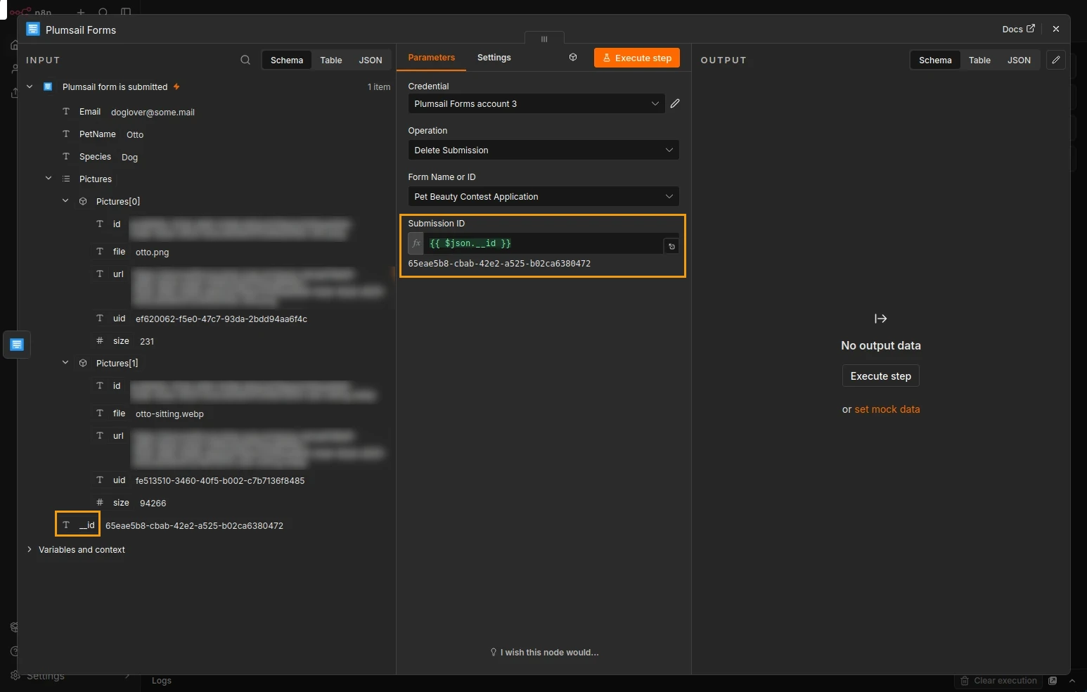 Configuration window for Delete a submission action with necessary fields filled out