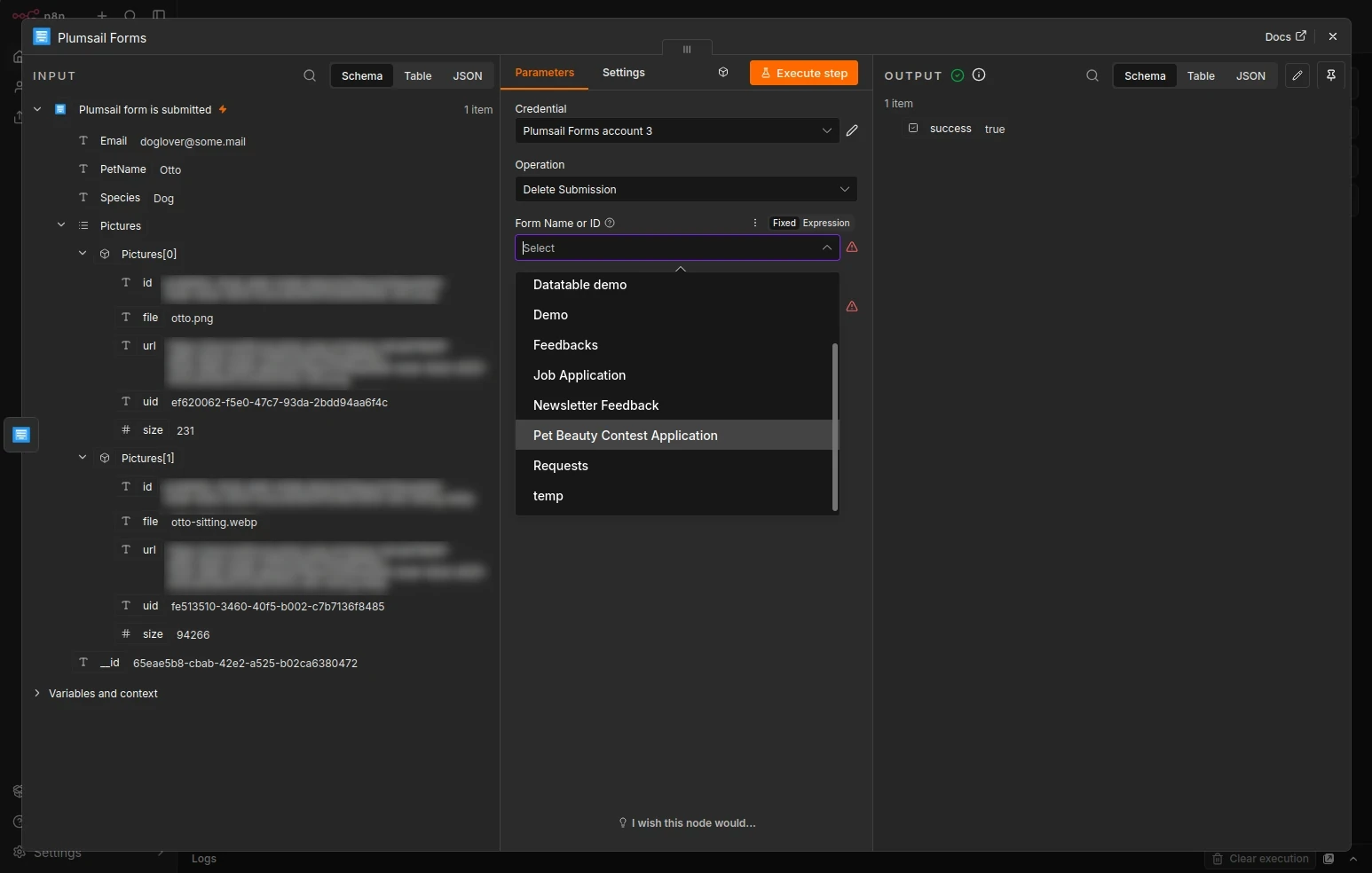 Configuration window for Delete a submission action with form being selected
