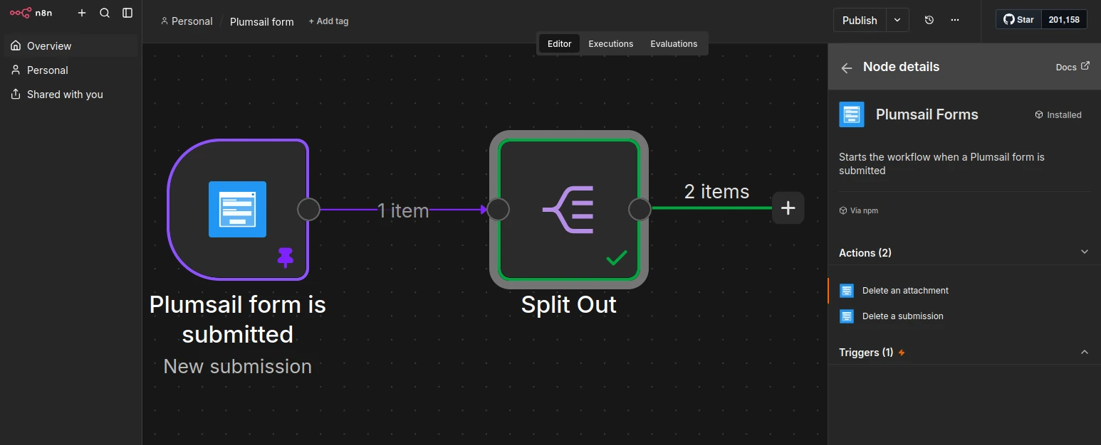 Workflow canvas with the action selection panel on the right, filtered to show Plumsail actions