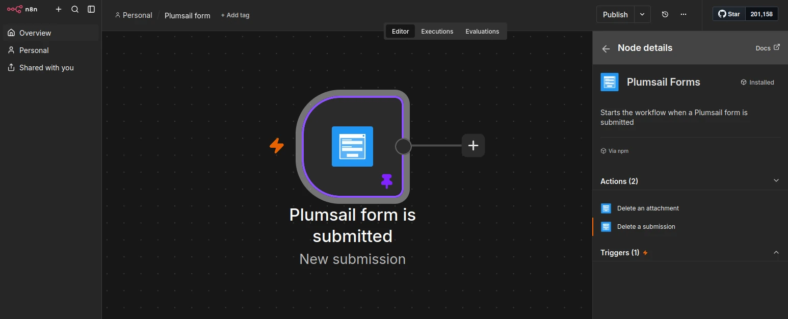 Workflow canvas with the action selection panel on the right, filtered to show Plumsail actions