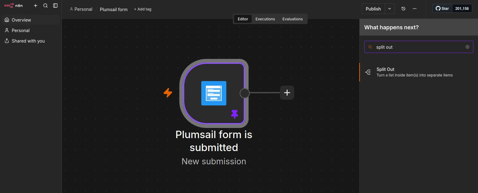 Workflow canvas with the action selection panel on the right, filtered to show Split Out action