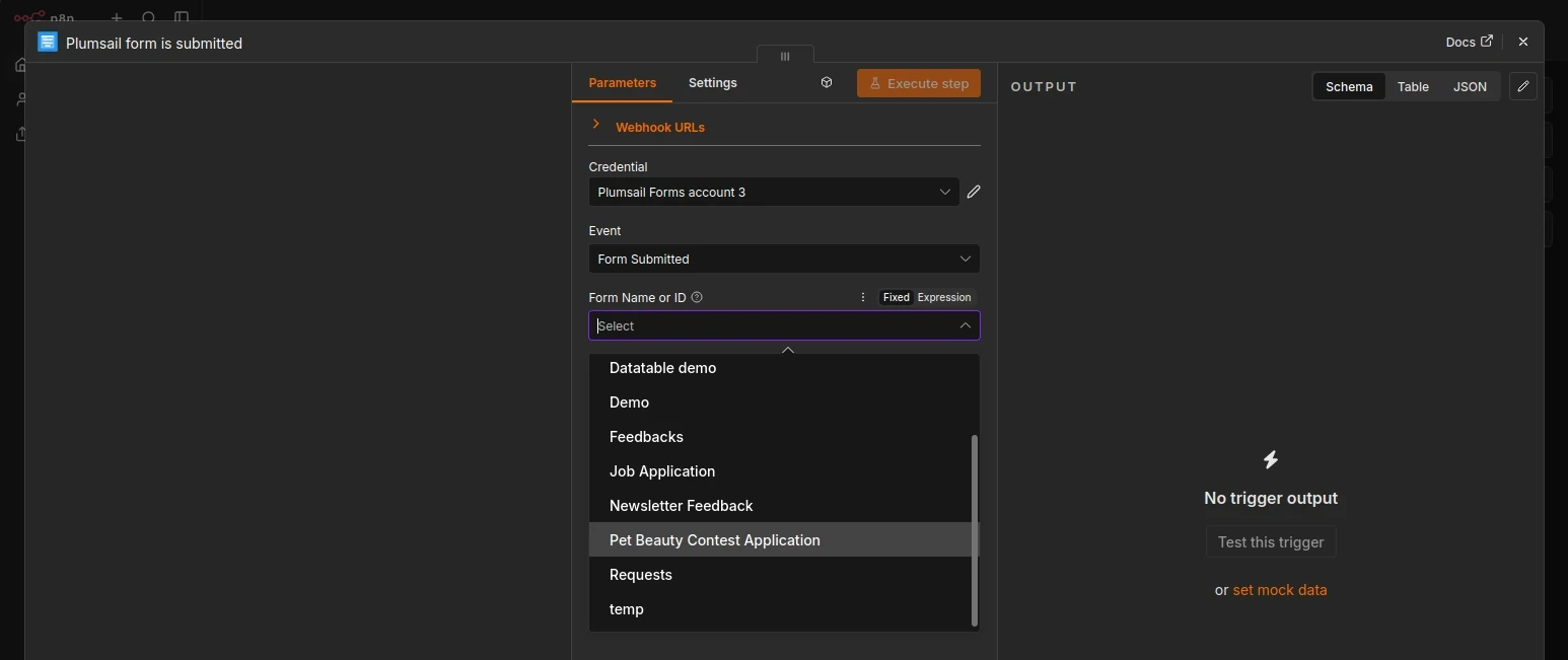 Configuration window for Form is submitted trigger with form to watch being selected