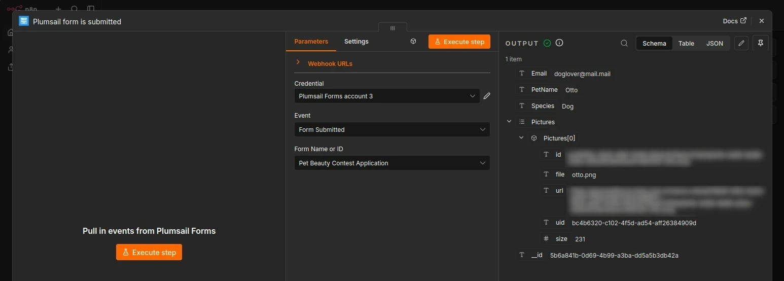 Configuration window for Form is submitted trigger with the output schema, received from the test execution