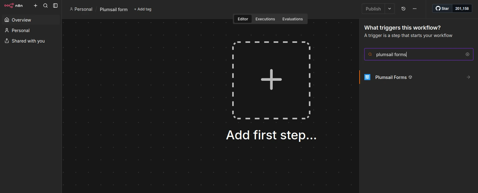 Blank workflow canvas with the trigger selection panel on the right