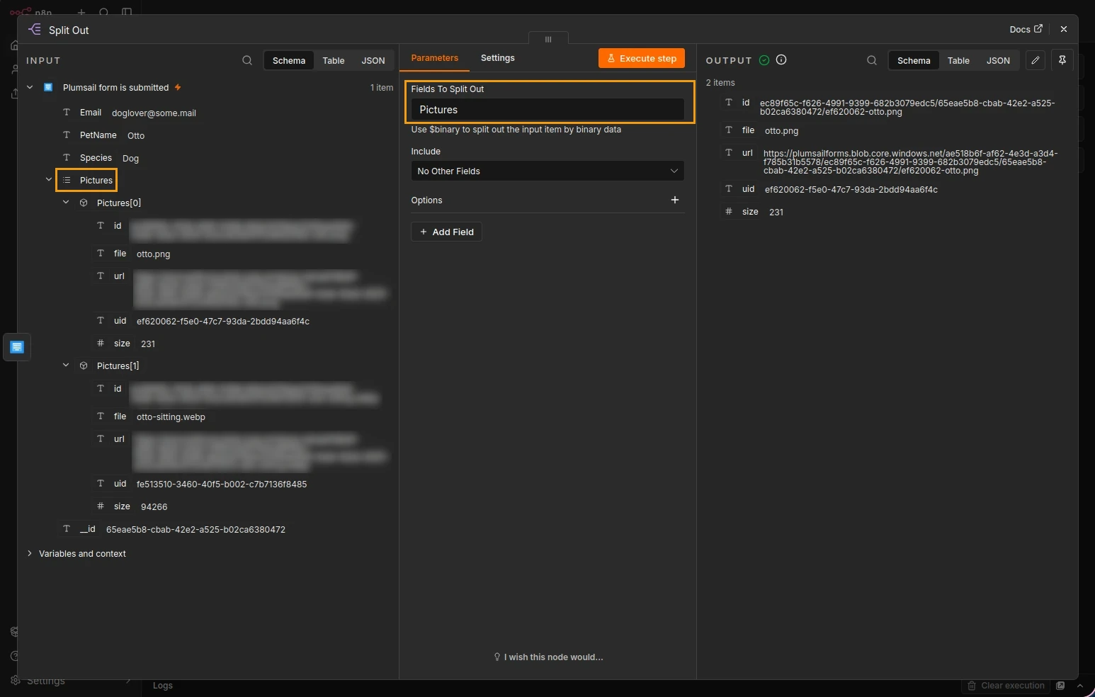 Configuration window for Split Out action