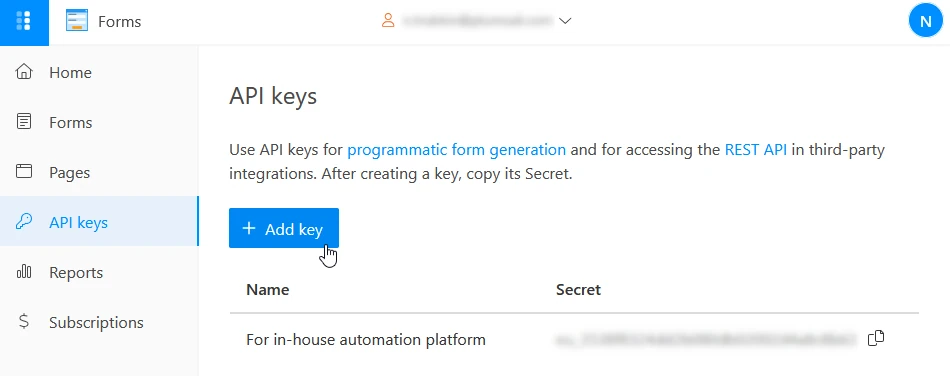 Page for managing API keys used for Forms REST API
