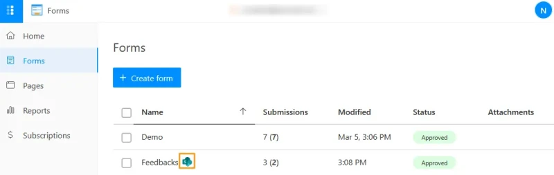 SharePoint icon for the connected form in forms overview