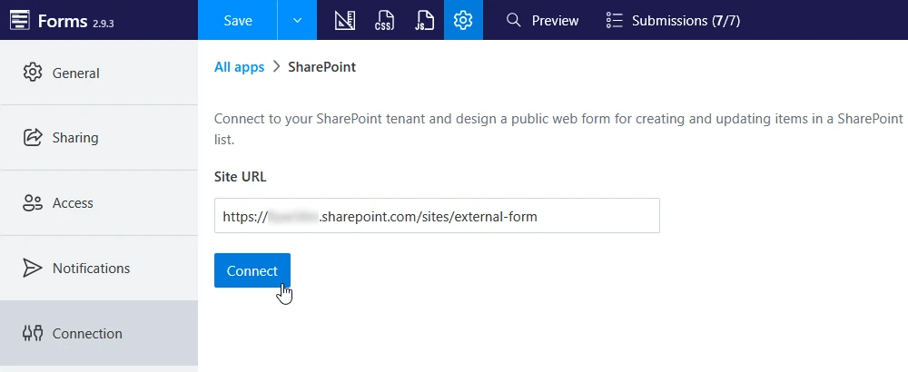 SharePoint site URL field filled in
