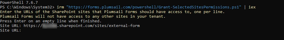 SharePoint site URL entered in the interactive PowerShell script