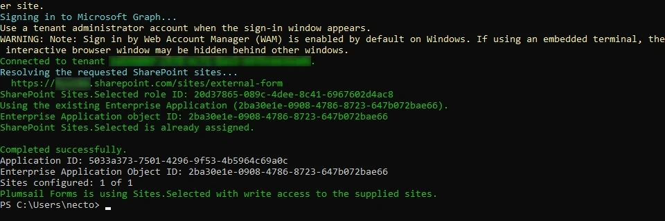PowerShell script reporting Plumsail Forms successfully received permissions for selected sites