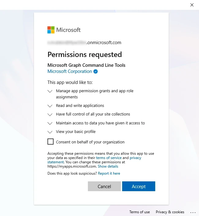Microsoft Graph Command Line Tools pop-up window