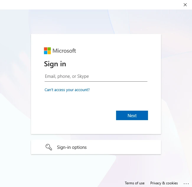 Microsoft sign in pop-up window