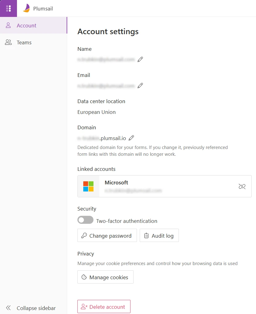 Account settings page