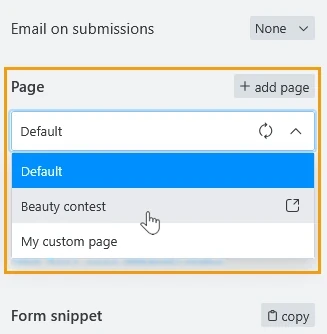Page dropdown in the form editor, located in the property inspector on the right.