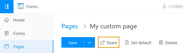 Share button in the action bar at the top of the page editor