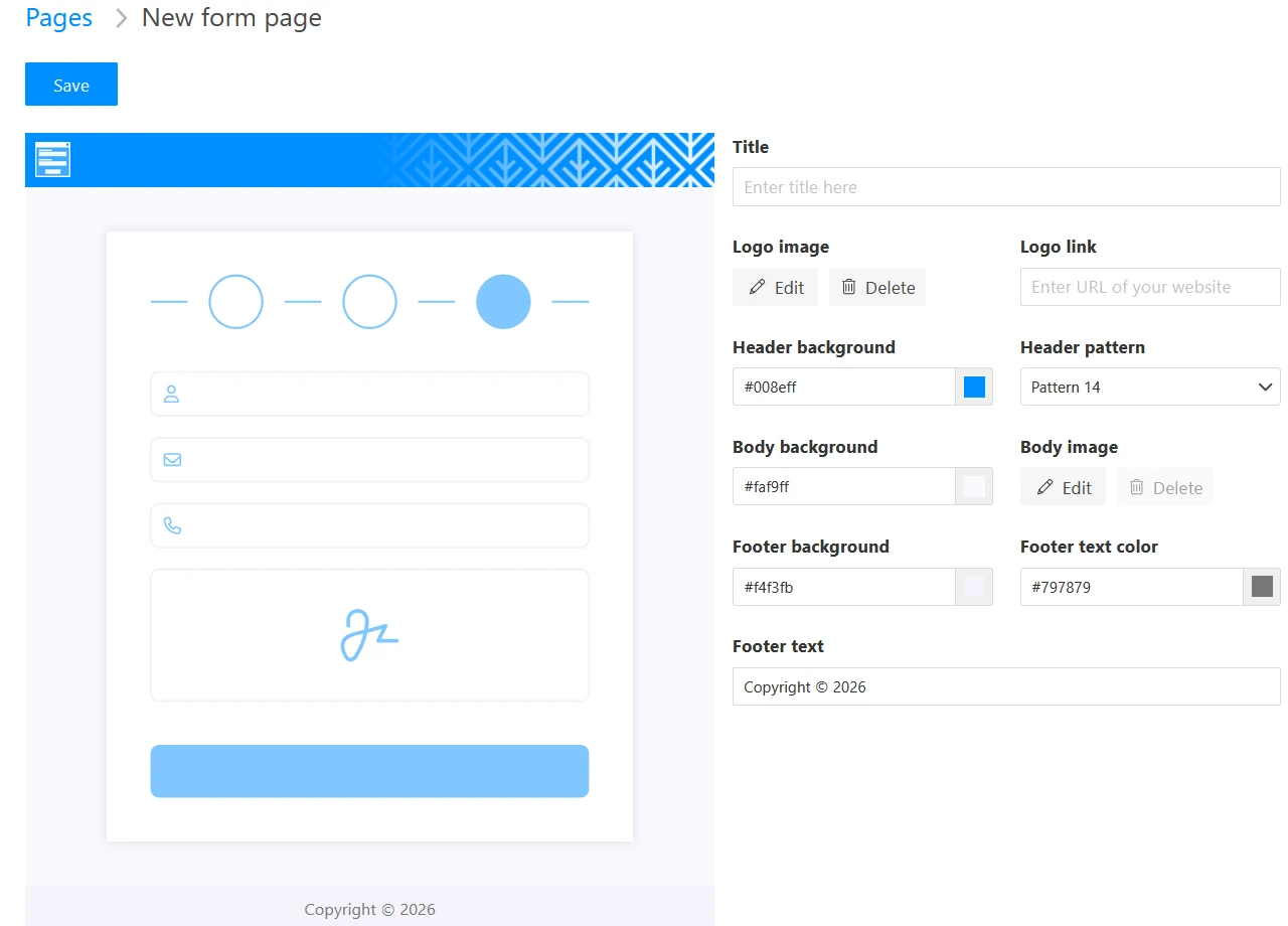 Page editor with the default values