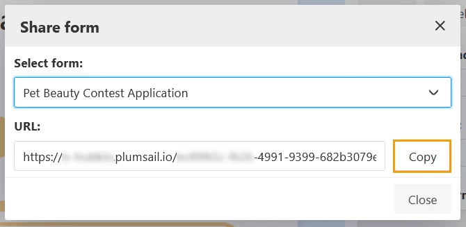 Dialog for selecting the form to share with the page in question. It has the URL you can copy.