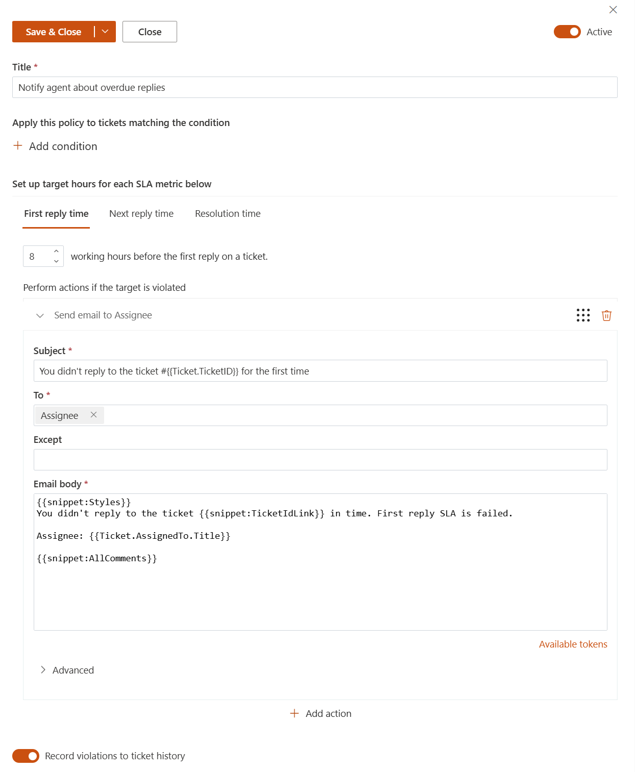 SLA policy view