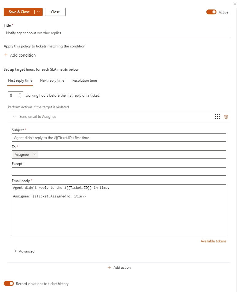SLA policy view