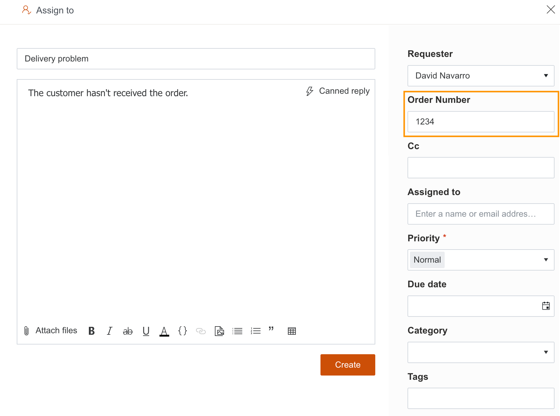 HelpDesk ticket form with the custom Order Number column